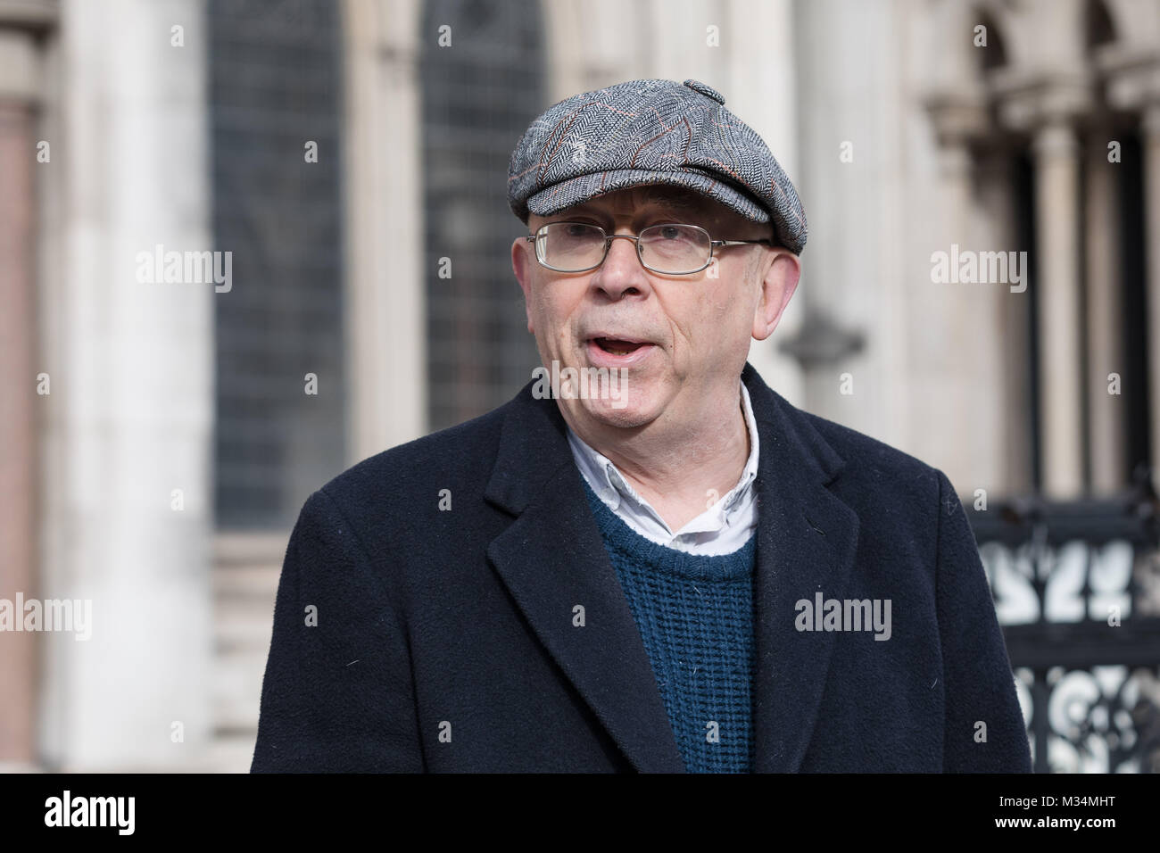 London, UK. 8th February 2018. Class War founder and veteran anarchist, Ian Bone speaking outside the High Court in London after winning his case. The Qatari royal owners of the Shard, via Management Company Teighmore Limited, sought a high court injunction to prevent protests against empty housing led by veteran anarchist founder and leader Ian Bone, 70, of the campaign group newspaper Class War, Credit: Vickie Flores/Alamy Live News Stock Photo