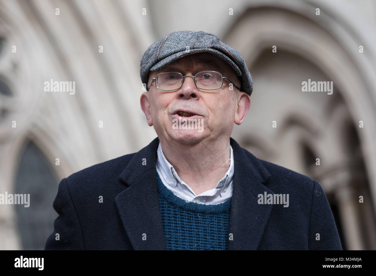 London, UK. 8th February 2018. Class War founder and veteran anarchist, Ian Bone speaking outside the High Court in London after winning his case. The Qatari royal owners of the Shard, via Management Company Teighmore Limited, sought a high court injunction to prevent protests against empty housing led by veteran anarchist founder and leader Ian Bone, 70, of the campaign group newspaper Class War, Credit: Vickie Flores/Alamy Live News Stock Photo