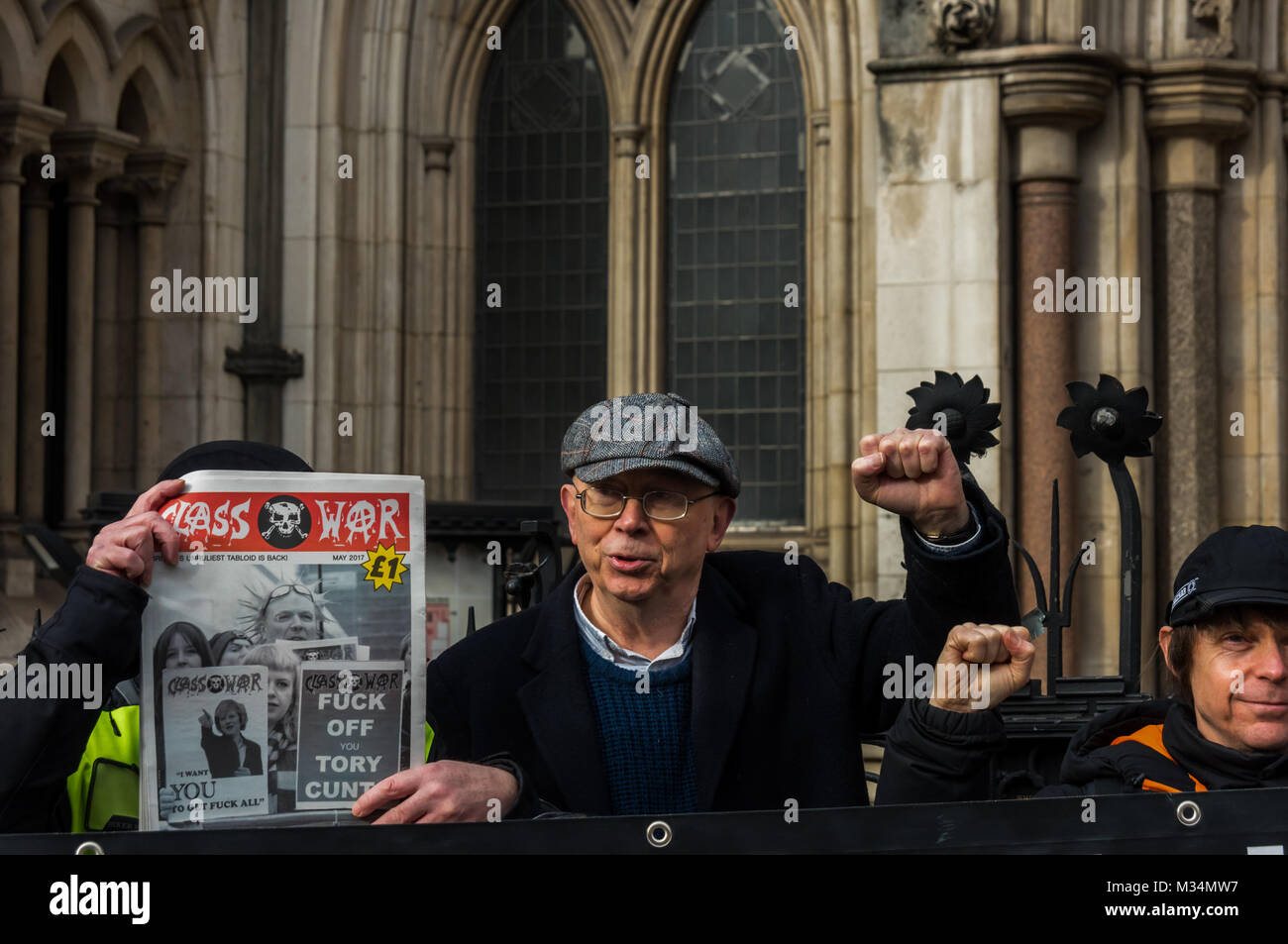 February 8, 2018 - London, UK. 8th February 2018. Ian Bone celebrates in the pub opposite the High Court after stopping an attempt by lawyers acting for the Qatari royal family to prevent a Class War protest against the ten empty Â£50million pound apartments in The Shard. They had tried to get an injunction against protests by Bone and ''persons unknown'' and to claim over Â£500 in legal costs from the 70 year-old south London pensioner, but had then offered to drop the case if Class War 'would stop attacking the Shard'. Their attempt to stifle protest was covered in national and international Stock Photo