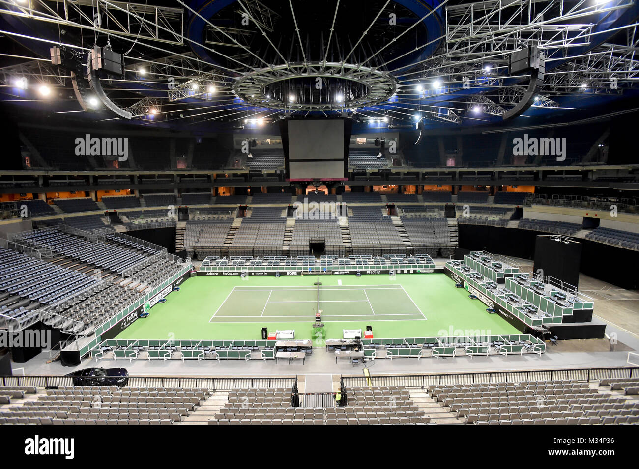 Prague, Czech Republic. 9th Feb, 2018. The tennis court at the O2 Arena  prepared for the Czech Republic vs Switzerland tennis Fed Cup match, in  Prague, Czech Republic, on Friday, February 9,