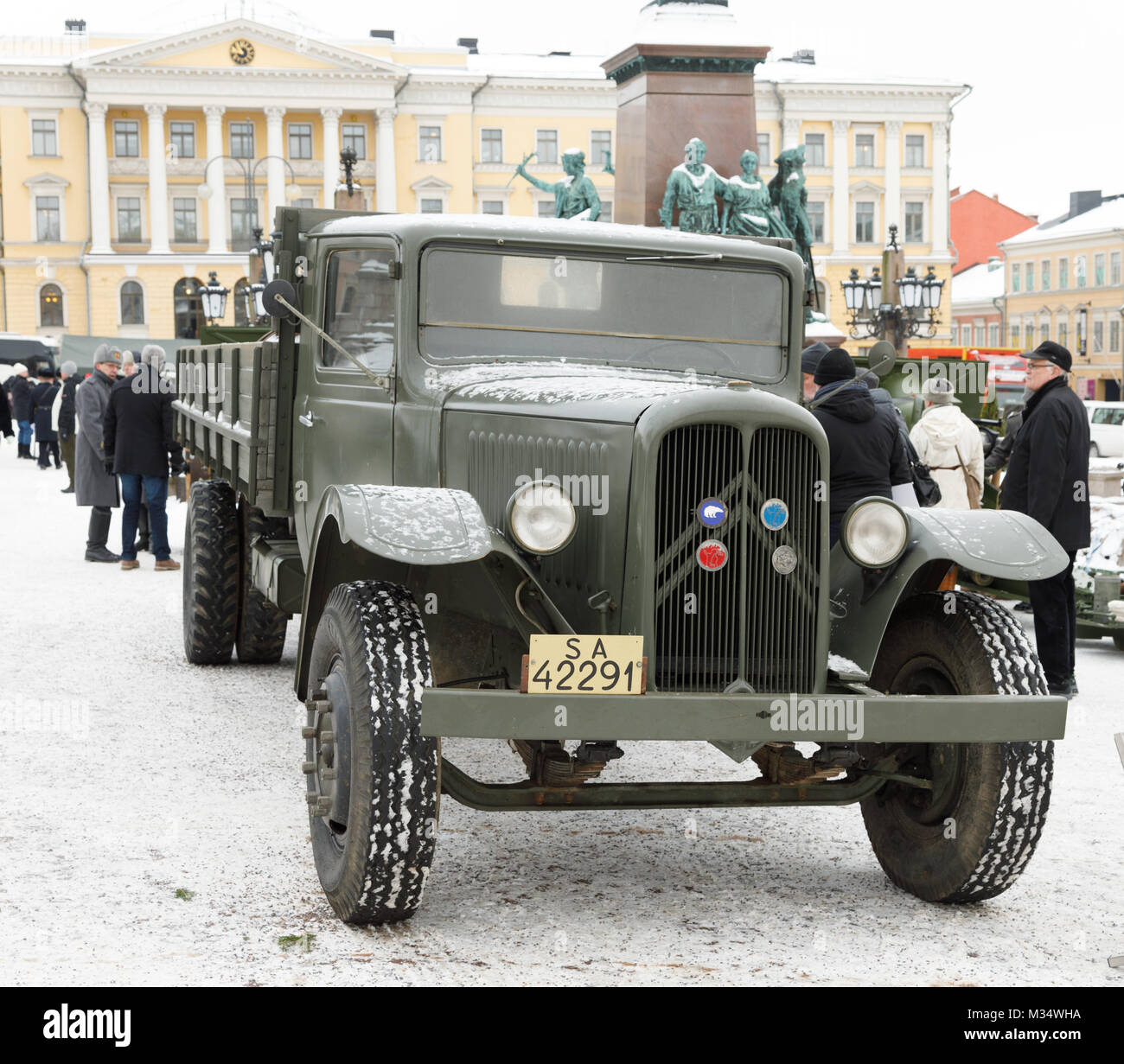 To commemorate the 100 years history of artillery in independent Finland, a public event was arranged at the Senate Square of Helsinki on 9 February 2018. There was a display of historical equipment, including this Citroen lorry that provided for logistics service during WWII. Stock Photo