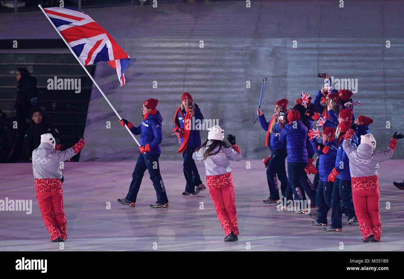 Lizzy Yarnold (GBR) carries the flag and leads the teamGB delegation into the stadium. Opening Ceremony. Pyeongchang2018 winter Olympics. Olympic stadium. Pyeongchang. Republic of Korea. 09/02/2018. Stock Photo