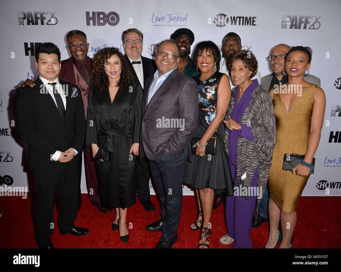 Los Angeles, Ca, USA. 08th Feb, 2018. The Cast of "Love Jacked" at the 2018  Pan African Film & Arts Festival at the Cinemark Baldwin Hills 15 in Los  Angeles, California on