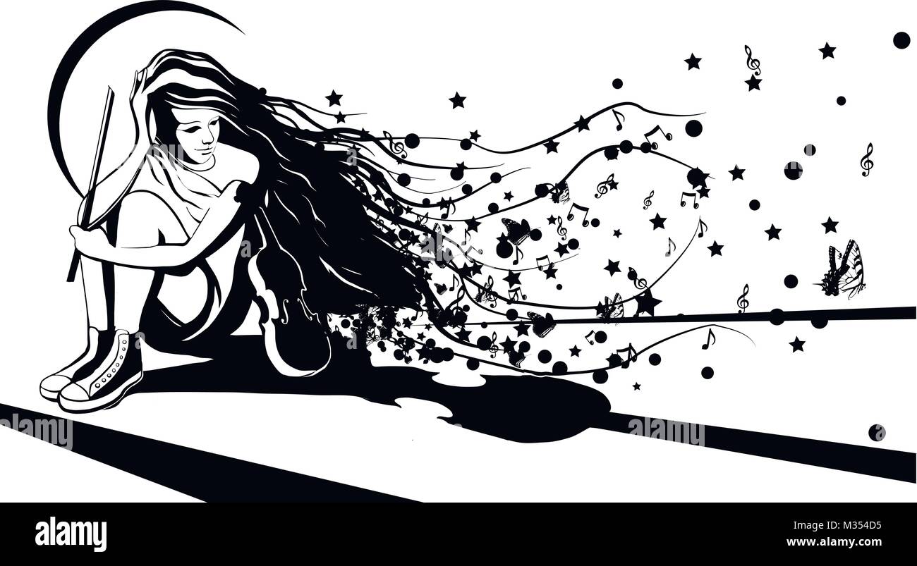 Girl With Violin Dreaming Stock Vector Art Illustration