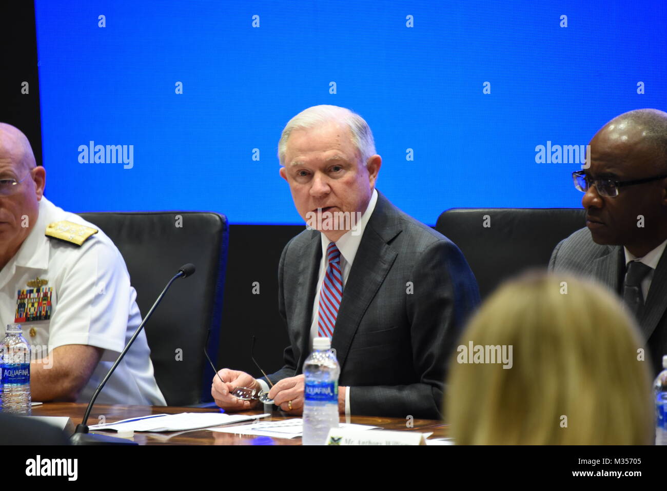 MIAMI (Feb. 8, 2018) -- U.S. Attorney General Jeff Sessions gives opening remarks at the Opioid Summit held at the SOUTHCOM headquarters. U.S. government leaders and experts in the areas of public-health, interdiction, law enforcement, and justice attended the summit to examine the crisis, consider approaches to strengthen the nation’s collective response and define holistic strategies to address the problem. (Photo by Coast Guard Petty Officer 2nd Class Jonathan Lally) Stock Photo