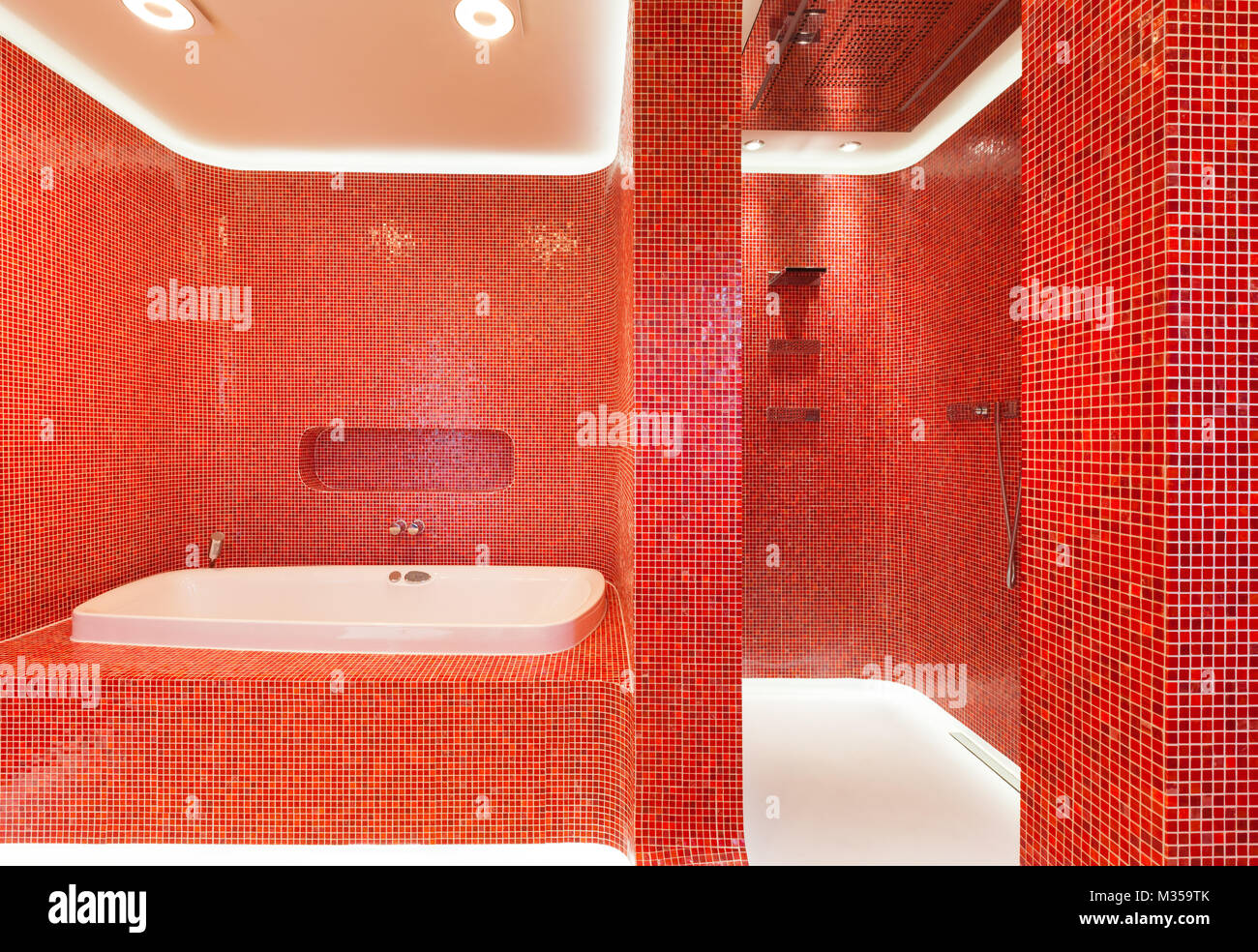 interior of a modern house, red bathroom Stock Photo Alamy
