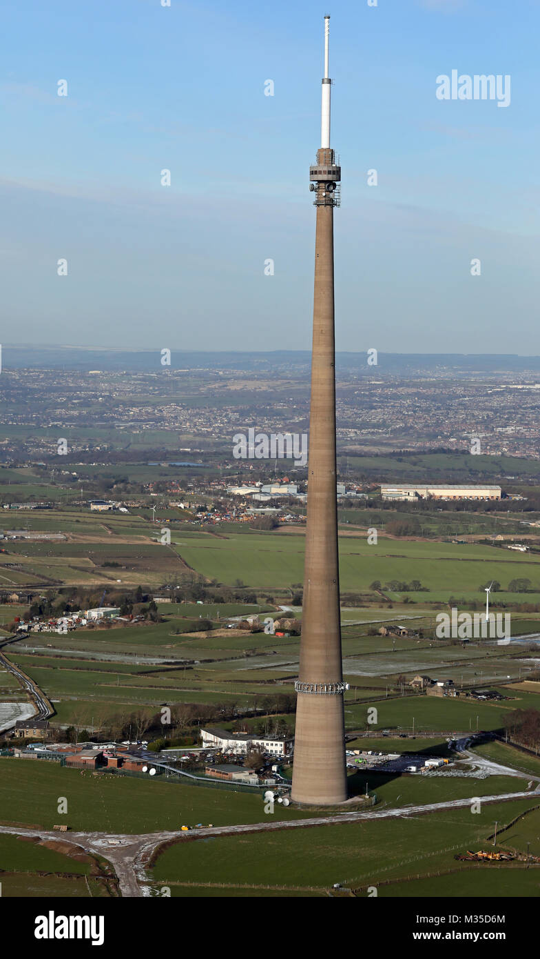 aerial view of Emley Moor TV mast aerial, West Yorkshire, UK Stock Photo