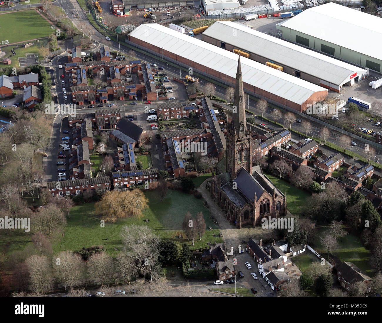 aerial view of Warrington Parish Church Of St Elphin, Cheshire, UK Stock Photo