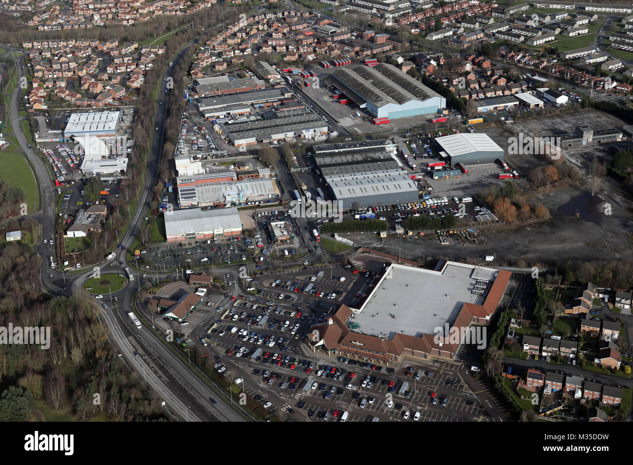 aerial view of Morrisons supermarket & Wharton Industrial Estate, Winsford, Cheshire,UK Stock Photo