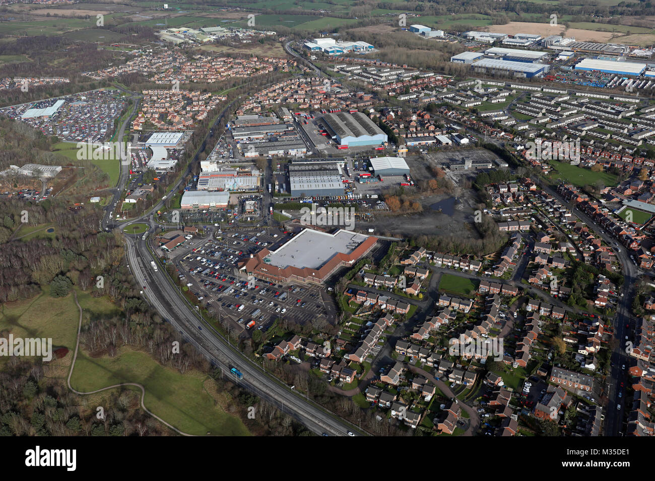 aerial view of Morrisons supermarket & Wharton Industrial Estate, Winsford, Cheshire,UK Stock Photo