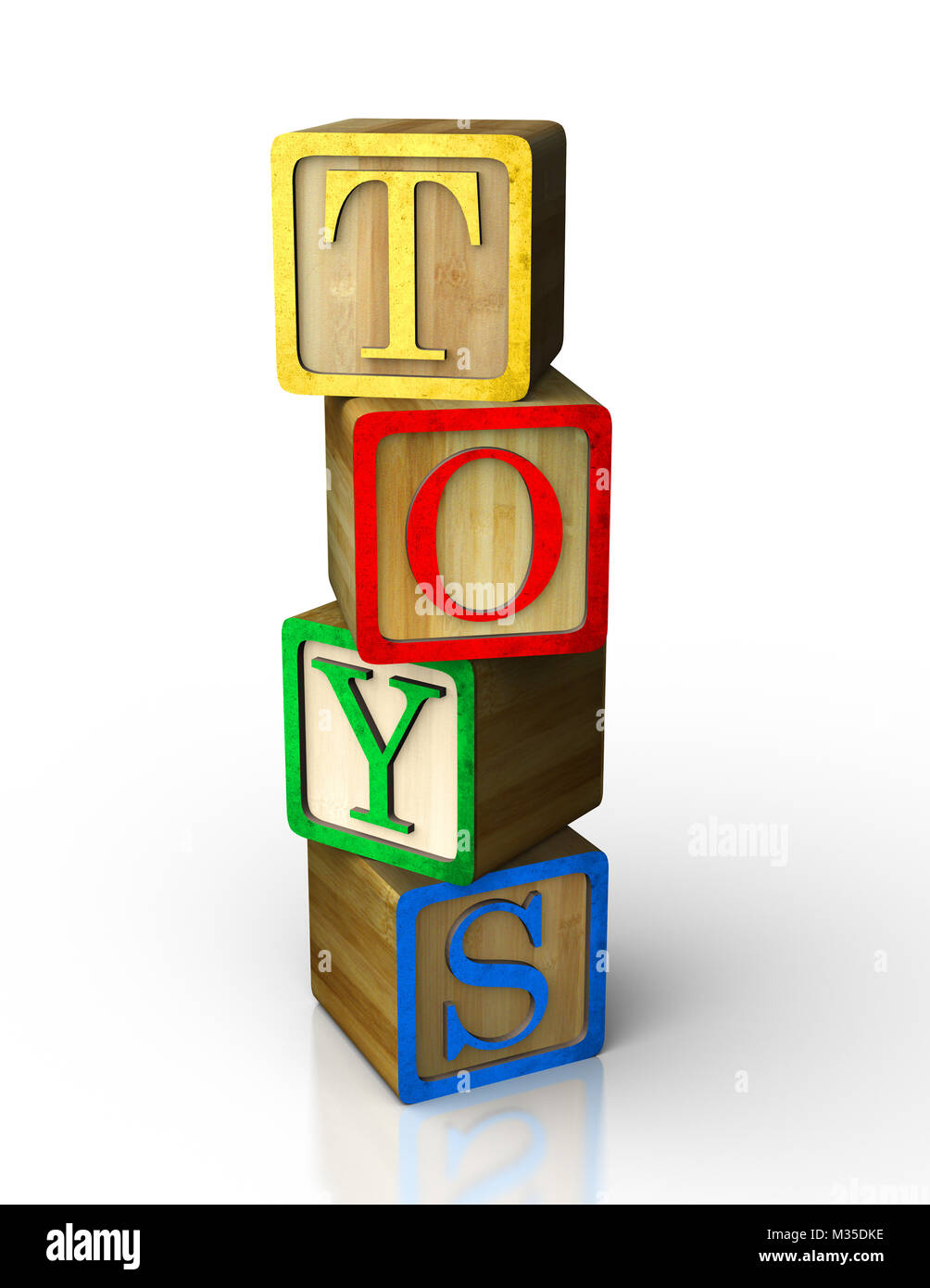 3d alphabet baby block made of wood on reflective white background