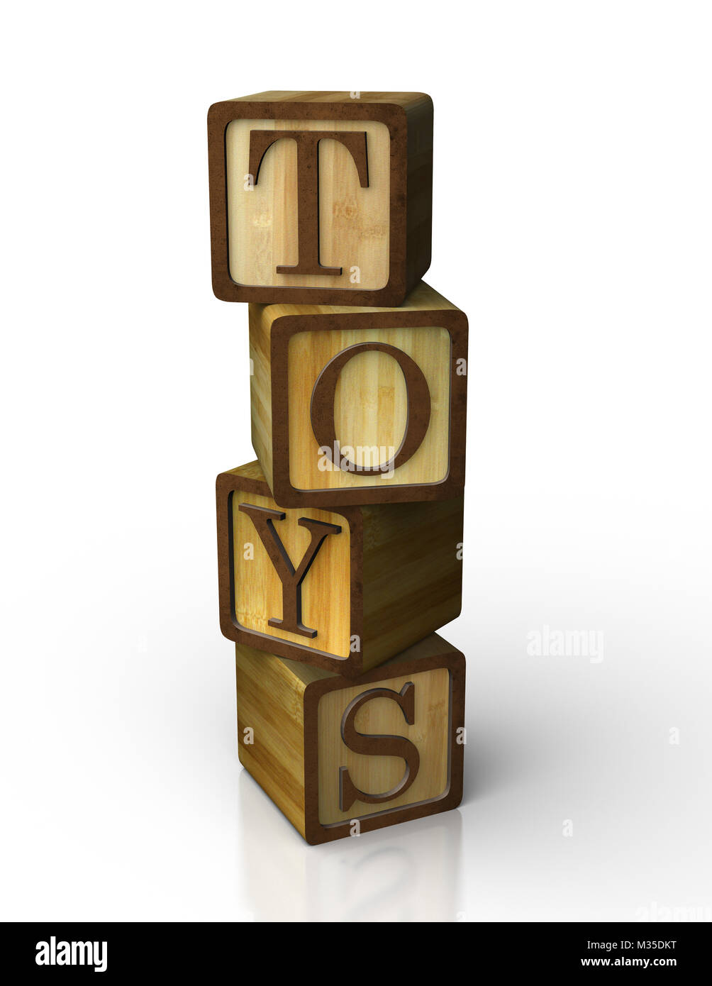 3d alphabet baby block made of wood on reflective white background