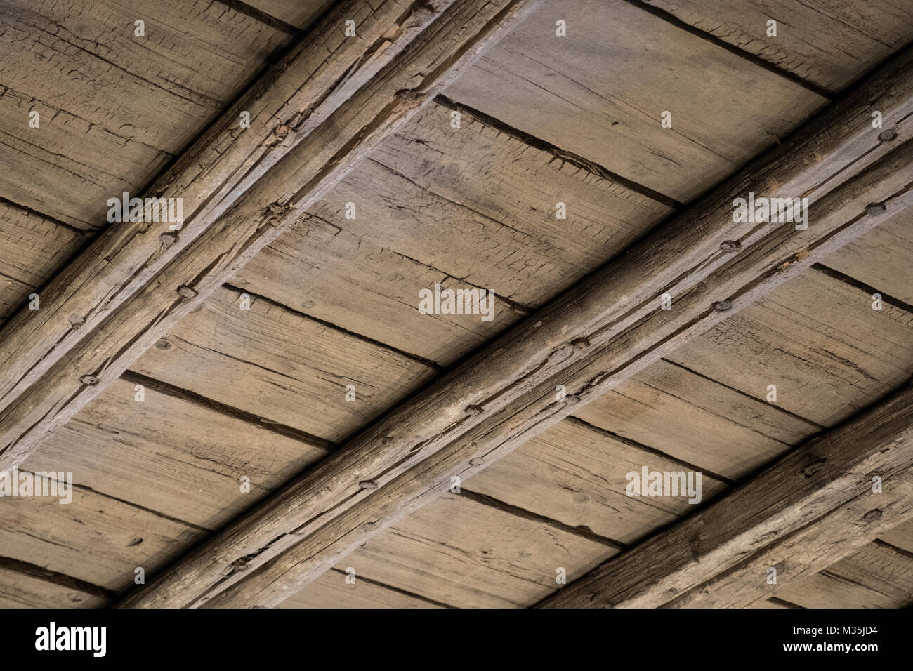 wooden ceiling, old wood roof construction - interior Stock Photo
