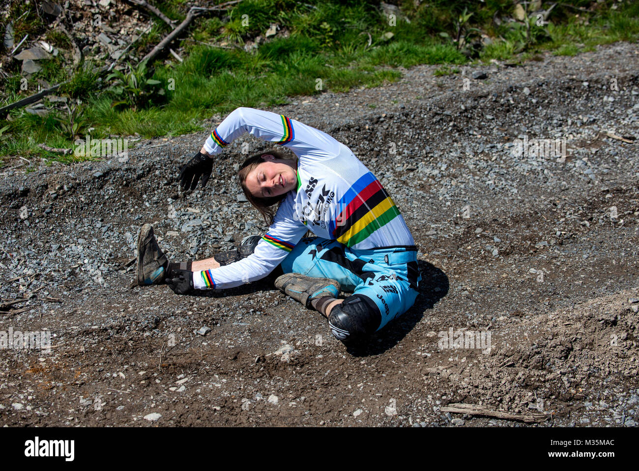 Multiple world champion downhill mountain bike racer Rachel Atherton warms up before riding. Stock Photo