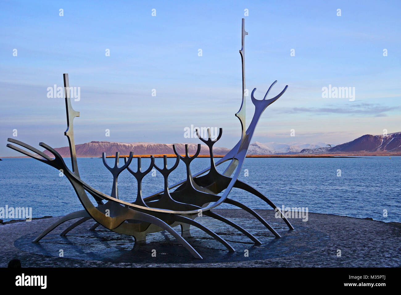 Sun Voyager is a sculpture by Jon Gunnar Arnason in Reykjavik, Iceland in 1990, it is in stainless steel and rests on a granite plinth. FOR EDITORIAL USE ONLY SCULPTURE IS © OF THE ARTIST Stock Photo