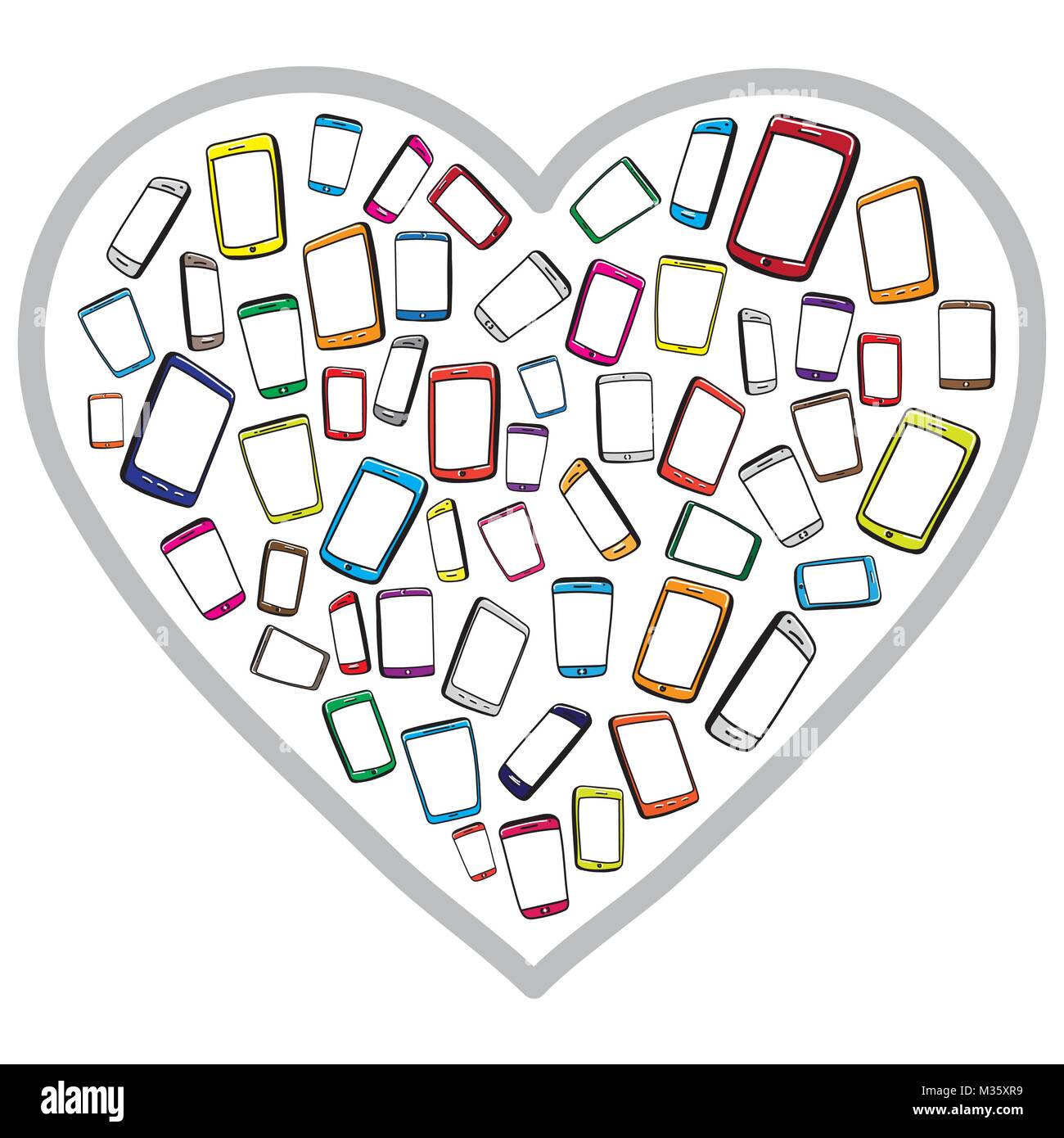 Colorful Mobile Phones & Tablet Computers With Heart Shape / Hand drawn vector illustration Stock Vector