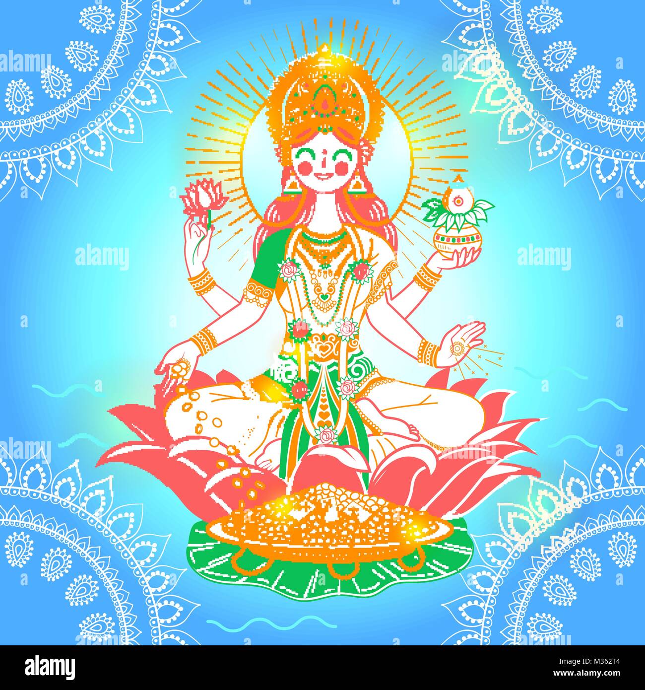 Beautiful Illustration,Poster Or Banner With Goddess Maa Laxmi Of Indian Dhanteras Festival Background. Stock Vector