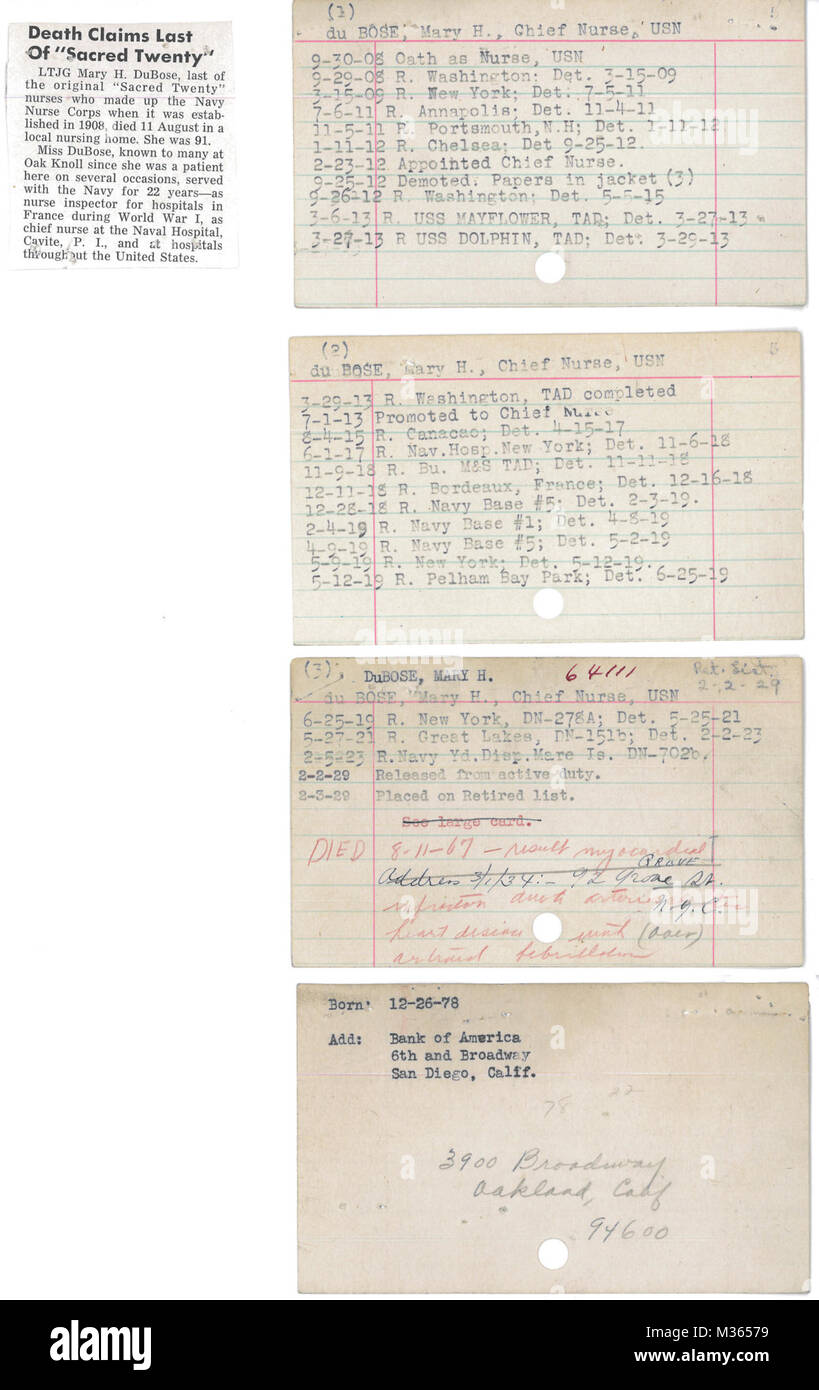 Mary Du Bose's Nurse Corps Index Cards by NavyMedicine Stock Photo