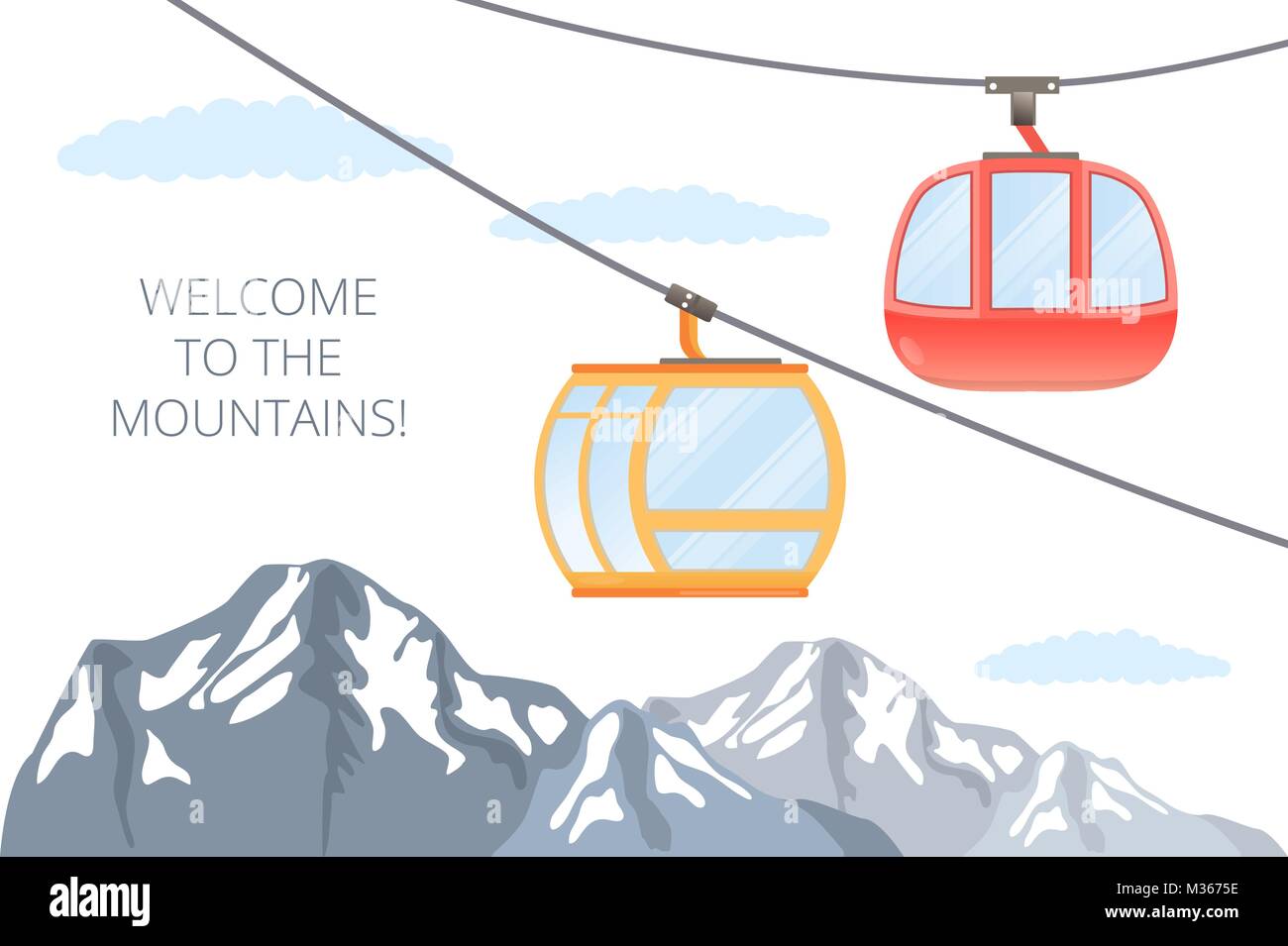 Funicular railway . Ski cable car . Vector mountain illustration . Stock Vector