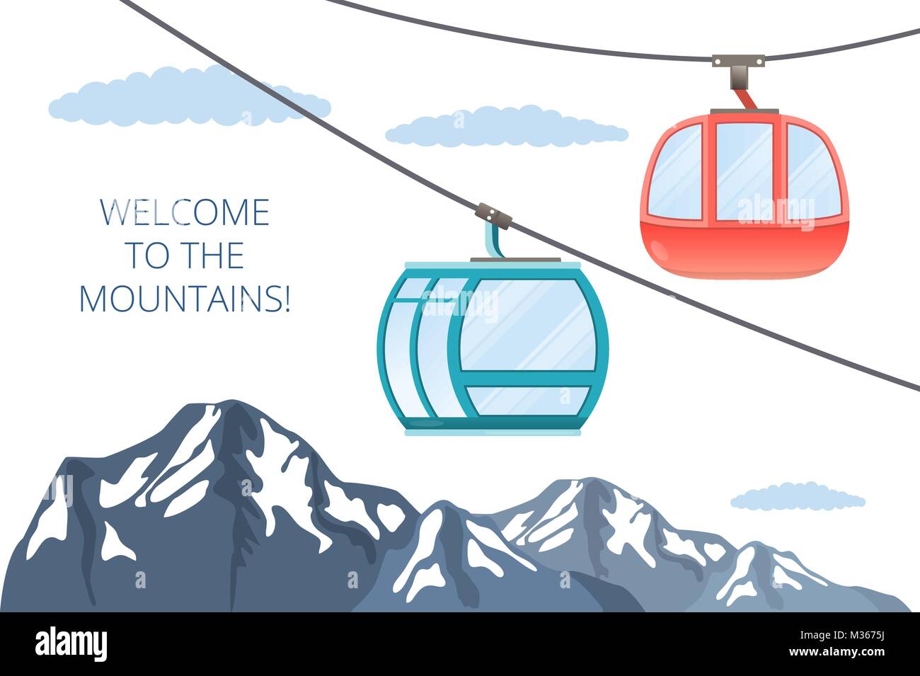 Funicular railway. Ski cable car. Vector mountain illustration Stock Vector