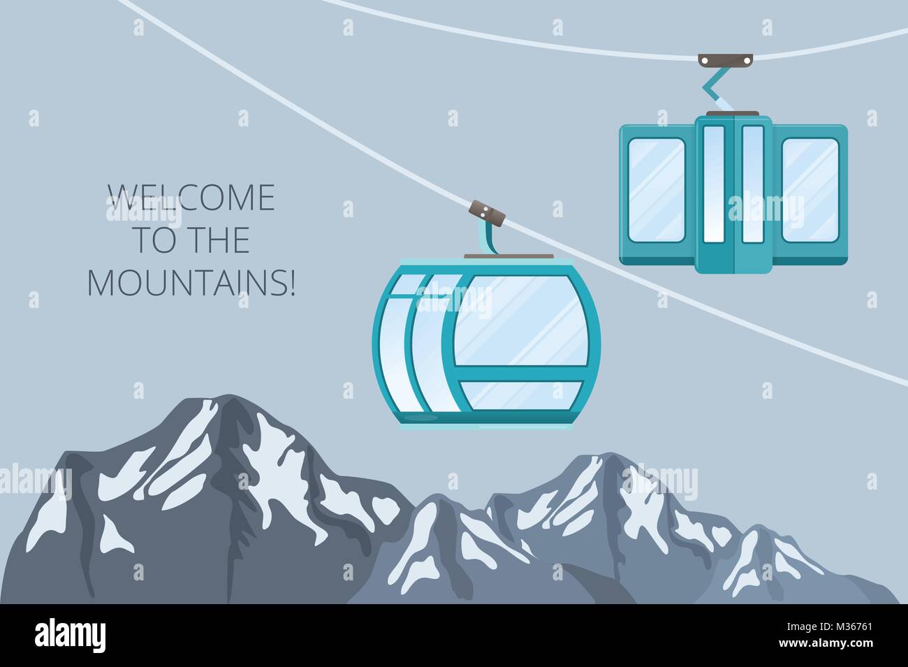 Funicular railway . Ski cable car . Vector mountain illustration Stock Vector