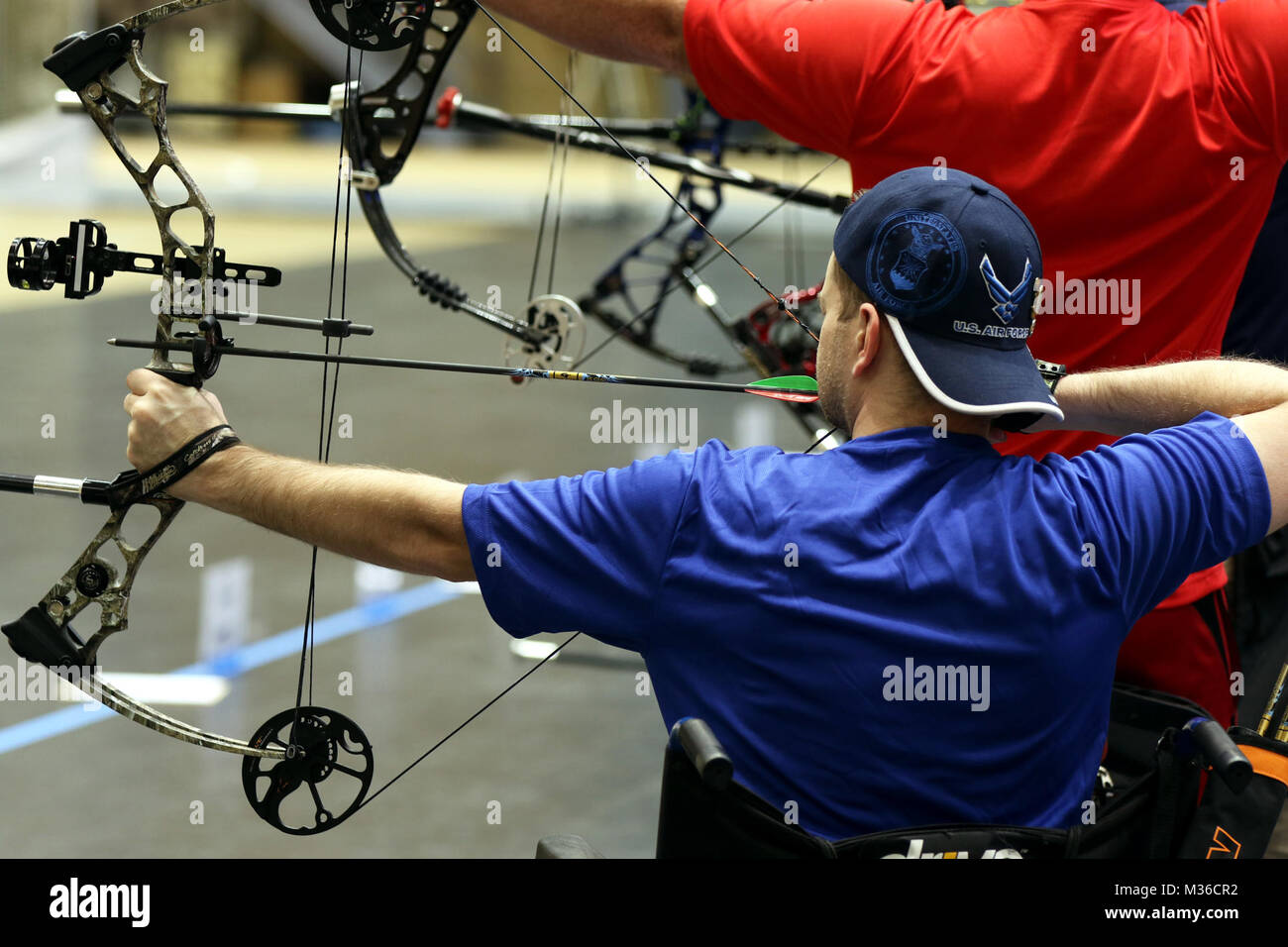 U.S. Air Force Veteran Brian Schaaf, an Oxford, England, native, aims his compound bow at his target during the archery competition at the 2016 DoD Warrior Games at the U.S. Military Academy at West Point, N.Y.  The Warrior Games is a Paralympic-style adaptive sports competition for wounded, ill and injured Service members and veterans. (U.S. Army photo by Sgt. Joshua Brownlee/Released) 160617-A-RS871-630 by Air Force Wounded Warrior Stock Photo