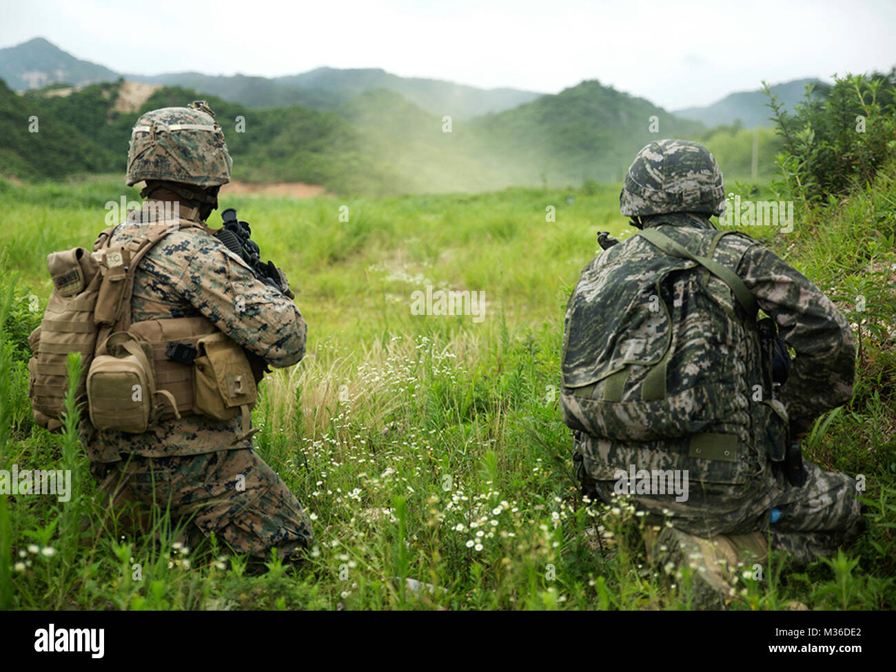 A U.S. Marine and Republic of Korea Marine shoot live rounds side-by-side July 6, 2016 at Suseong Range, South Korea during a Korean Marine Exchange Program. The goal of the KMEP is to sustain the combined force and enhance the ROK-U.S. team at the tactical level to build combined warfighting capabilities. During this exercise the Marines carried out a bilateral regimental-sized Marine Air Ground Task Force operation for the first time. The ROK Marines were a part of 73rd Battalion, 7th Regiment, 1st Marine Division. The U.S. service members are a part of 2nd platoon, Fox Company, 2nd Battalio Stock Photo