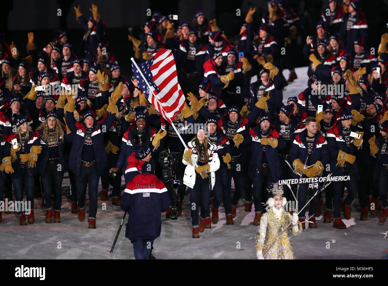 United States of America flag bearer Erin Hamlin leads out her team during the Opening Ceremony of the PyeongChang 2018 Winter Olympic Games at the PyeongChang Olympic Stadium in South Korea. Stock Photo