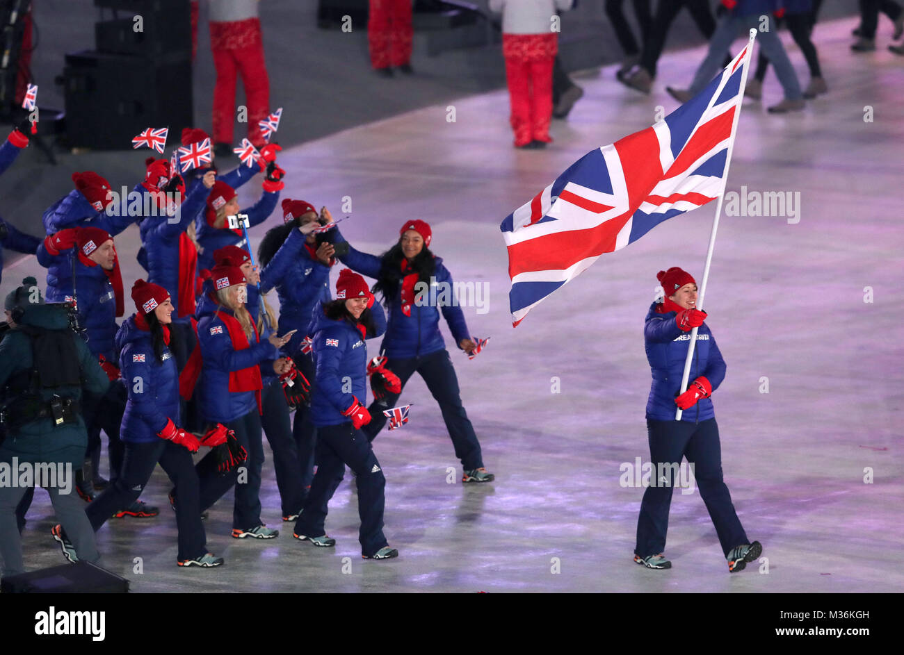 Great Britain flag-bearer Lizzy Yarnold during the Opening Ceremony of the PyeongChang 2018 Winter Olympic Games at the PyeongChang Olympic Stadium in South Korea. Stock Photo