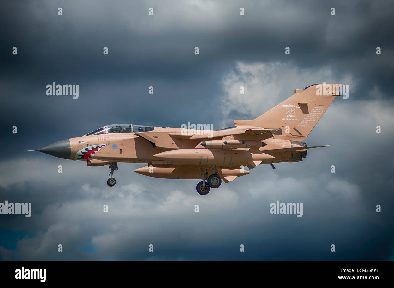 RAF Tornado in desert camouflage landing against grey sky, Farnborough air show. Stock Photo