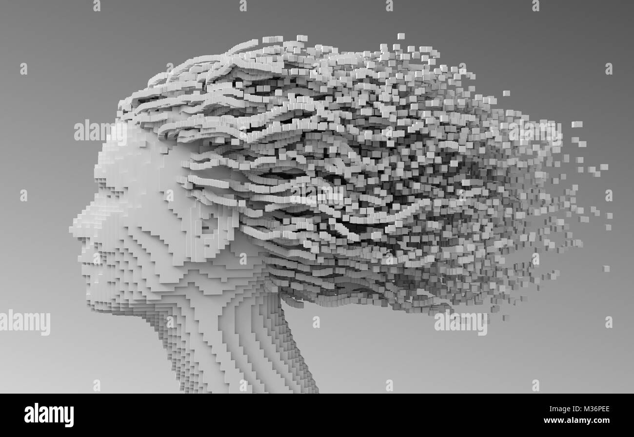 Pixelated Head Of Beautiful Woman And 3D Pixels As Hair Stock Photo