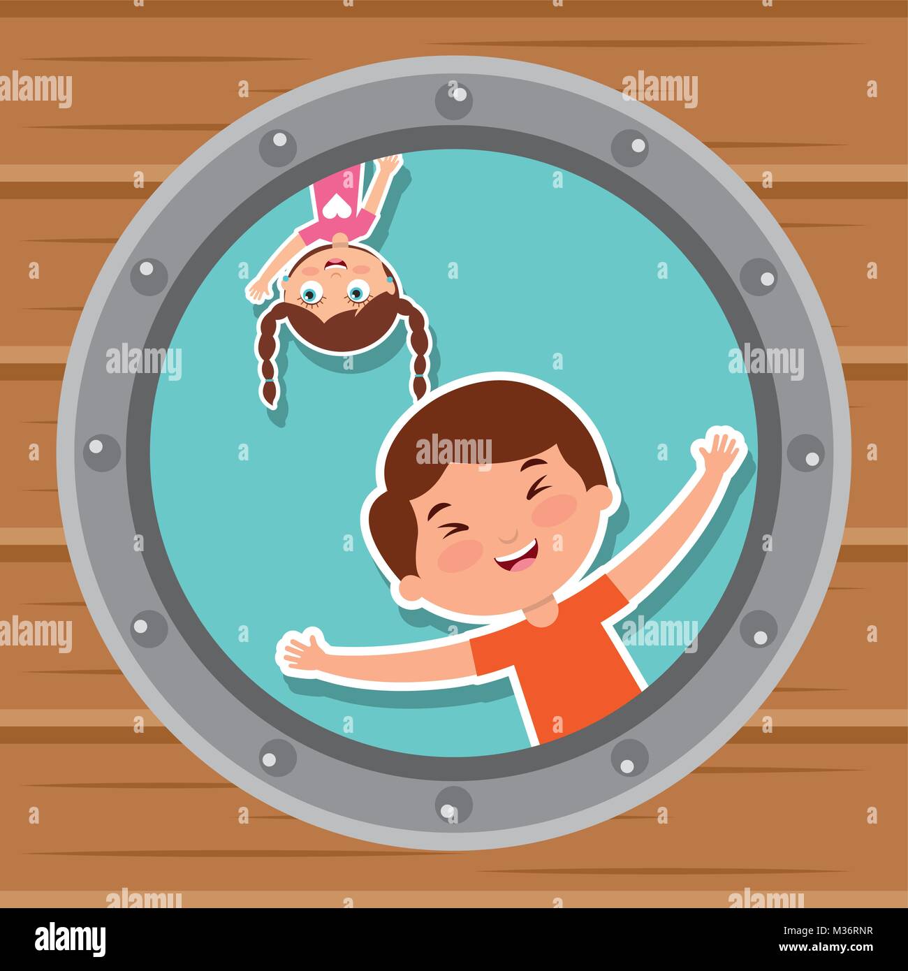 Cute Kids In The Round Window Happy Stock Vector Image Art Alamy