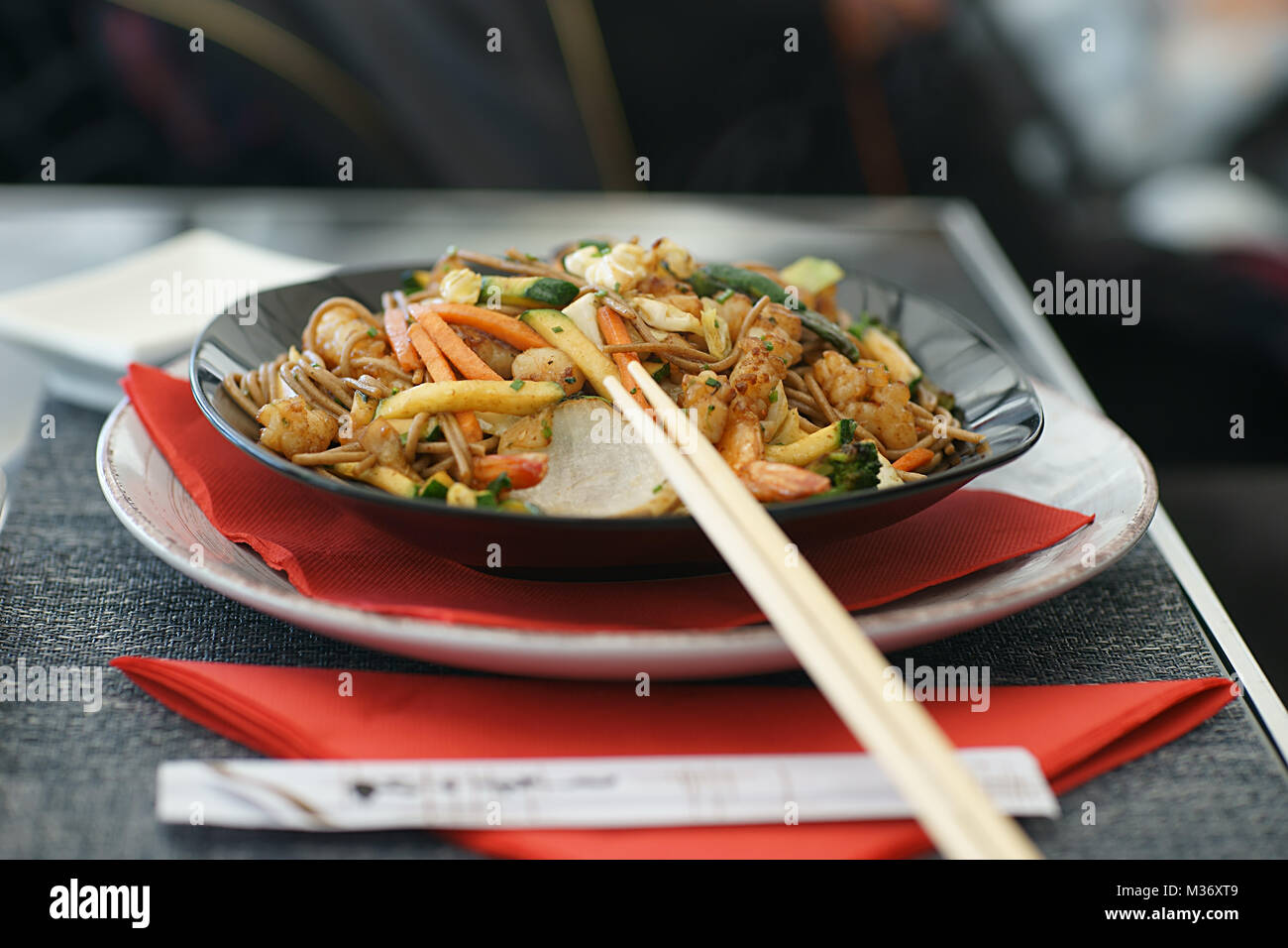 Japanese food - noodles with vegetable and scrimps Stock Photo