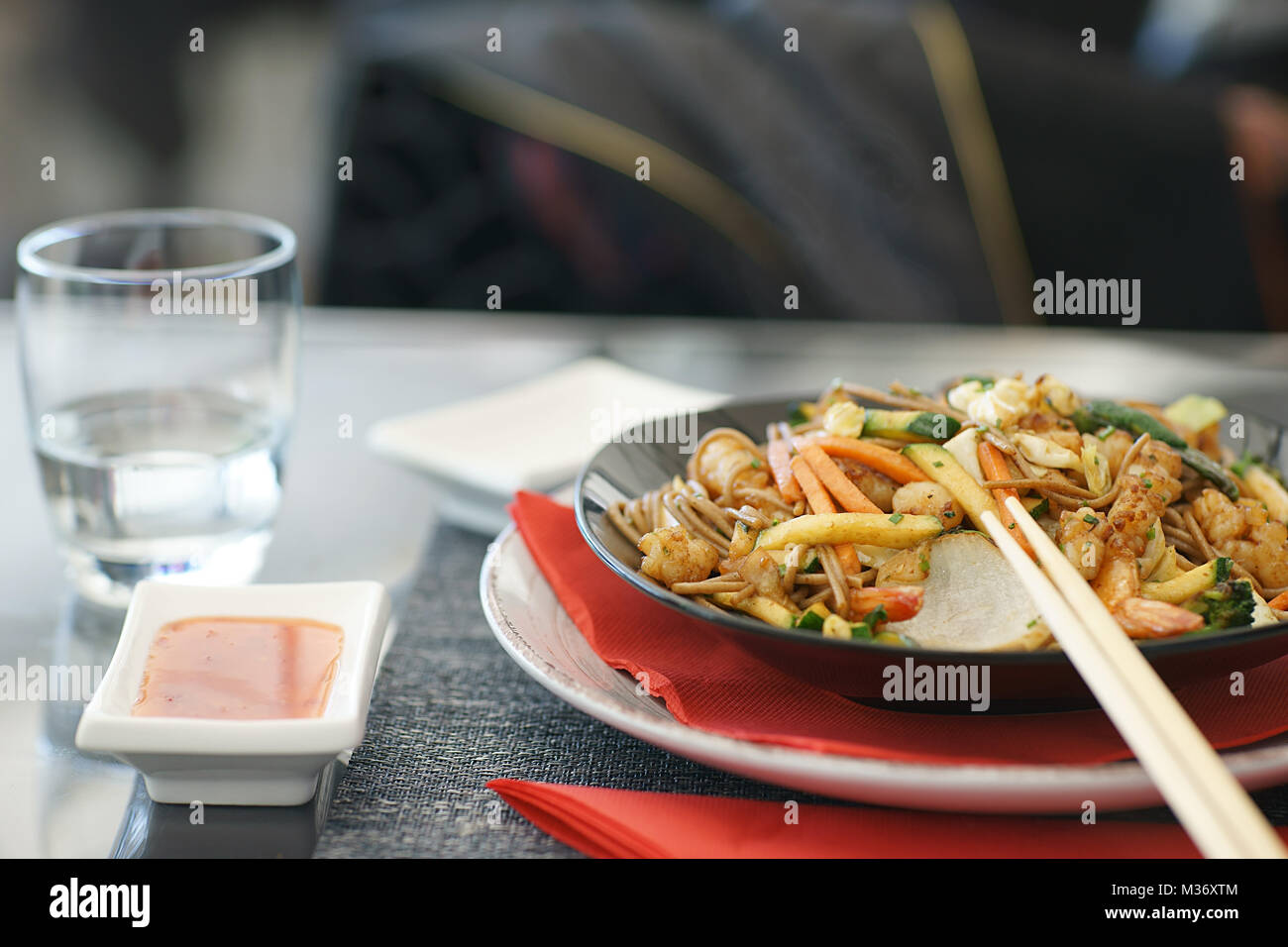 Japanese food - noodles with vegetable and scrimps Stock Photo