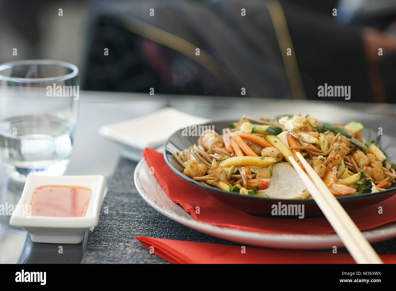 Japanese food - noodles with vegetable and scrimps Stock Photo