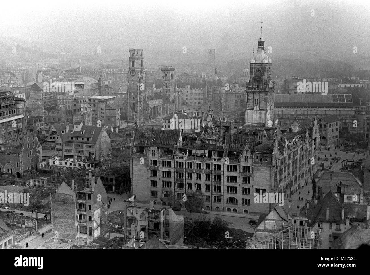 View on Stiftskirche and the city hall in destroyed Stuttgart after the ...