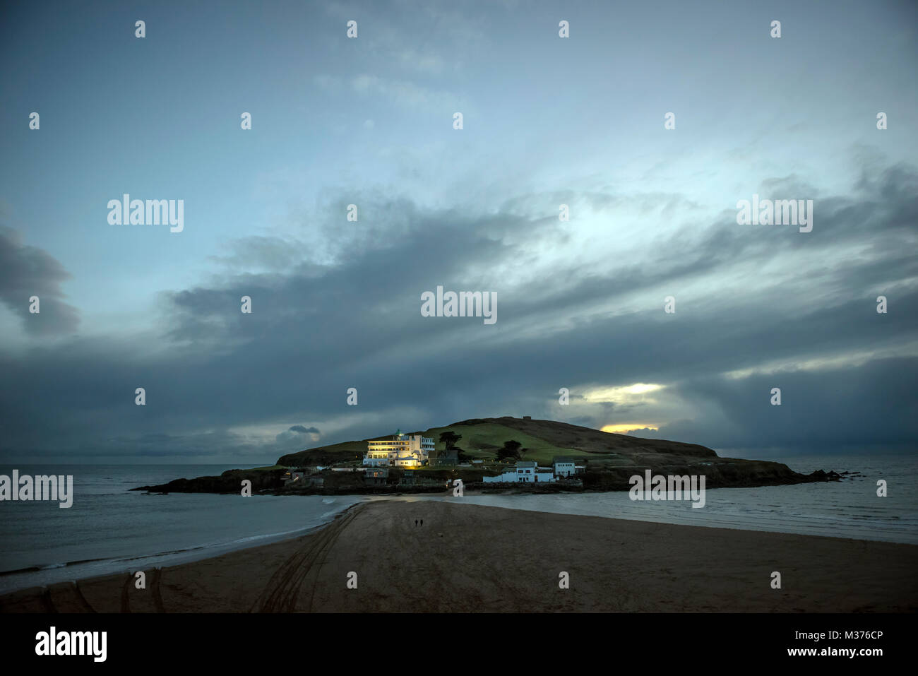 The illuminated Burgh Island Hotel near Bigbury-on-Sea, Devon, UK Stock Photo