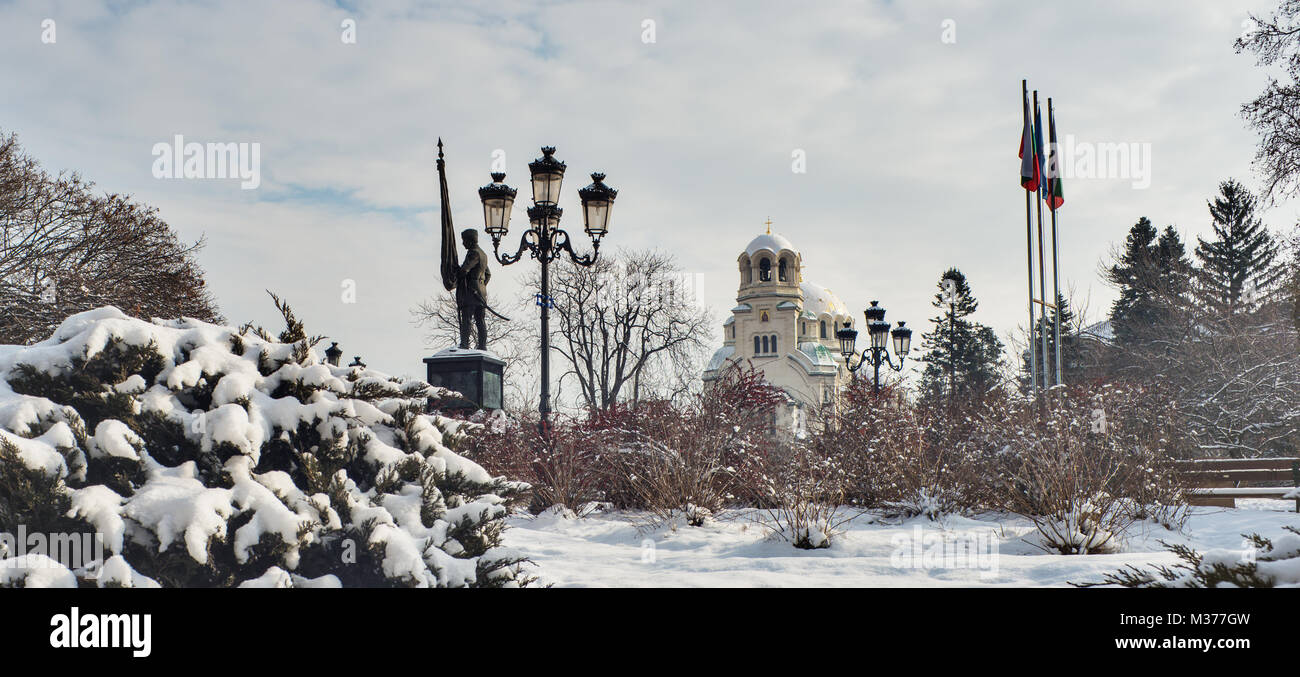 Aleksandar Nevski cathedral winter time with snow, Sofia, Bulgaria, Europe Stock Photo