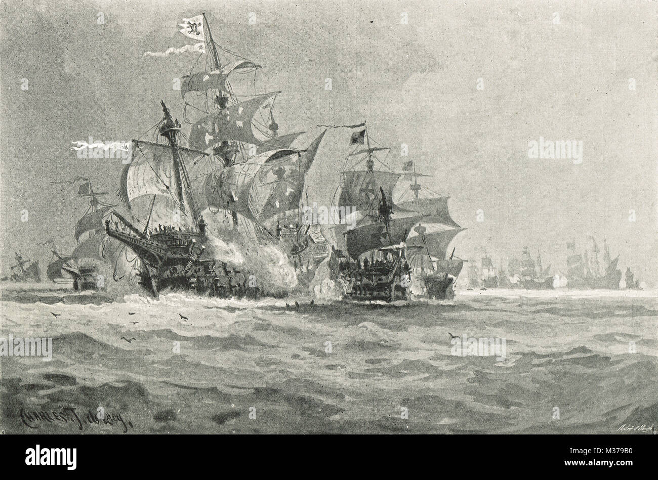 English fleet firing on the Spanish Armada, 1588 Stock Photo