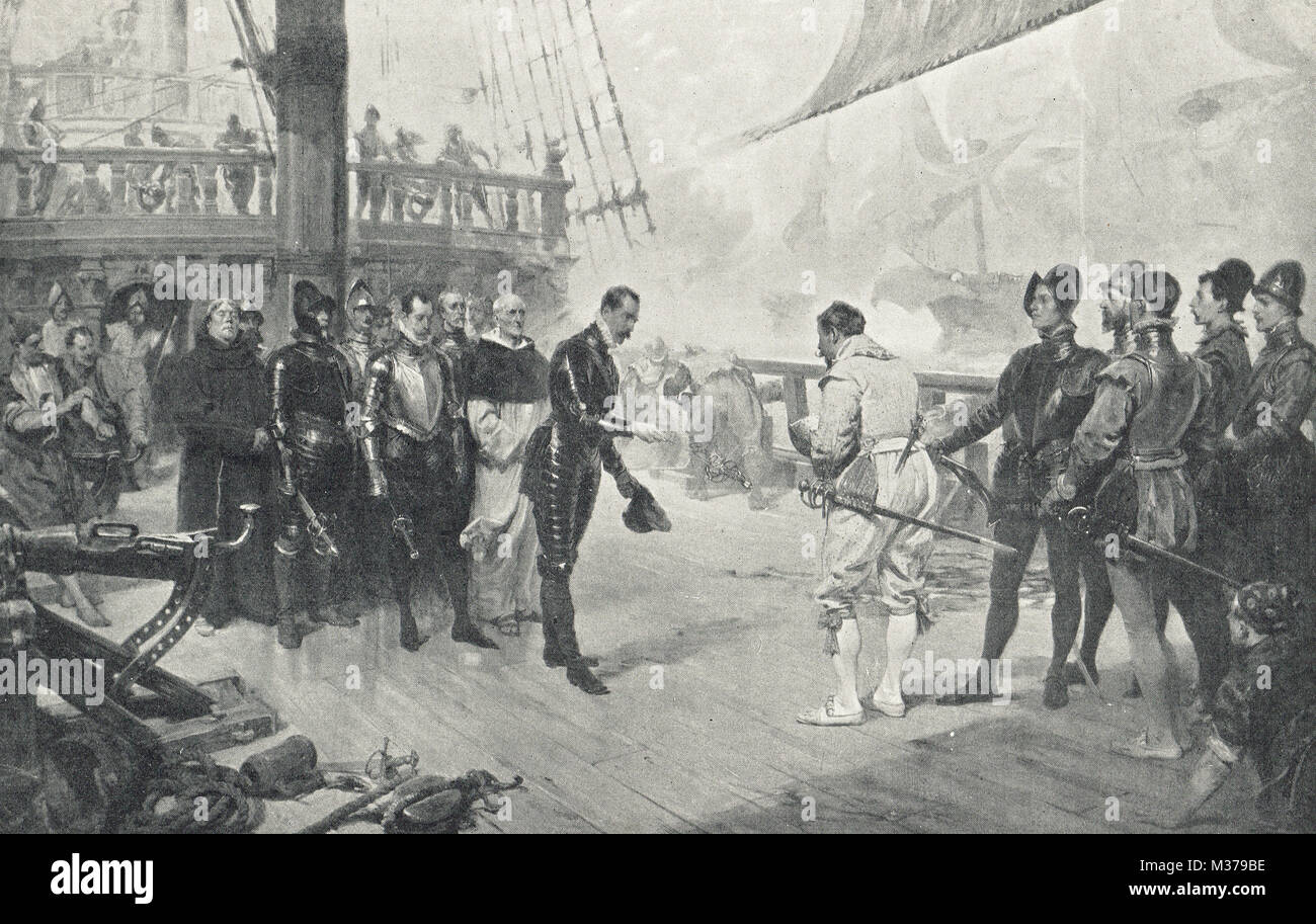 Francis Drake accepting surrender of the Andalusian flagship Nuestra Senora del Rosario, on board The Revenge during the Spanish Armada, 1588 Stock Photo