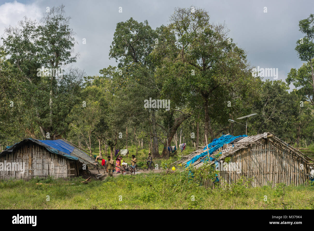 Coorg, India - October 29, 2013: Dubare Elephant Camp. Two family dwellings are long bamboo-clay huts with blue tarp  as roof. Green jungle setting un Stock Photo