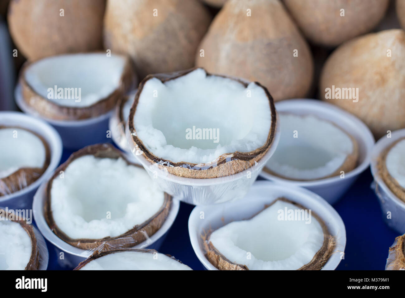 raw thick coconut meat good healthy food high nutrition and benefits fruit Stock Photo