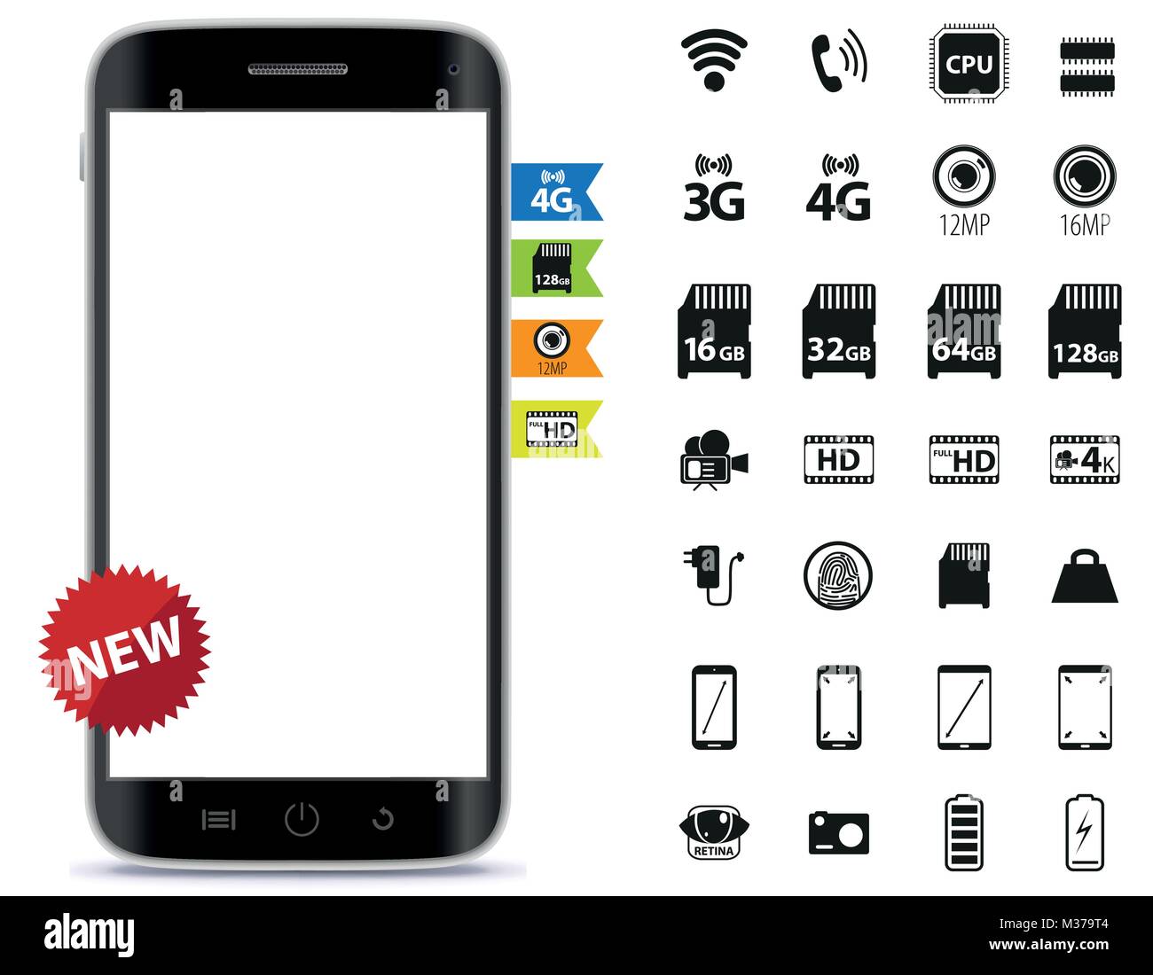 Mobile Phone and Icons Set Vector Illustration Stock Vector