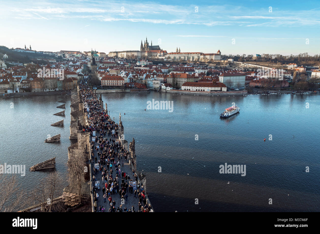 Panoramic view of Prague old town, castle, Charles Bridge over river Vltava, Czech Republic Stock Photo