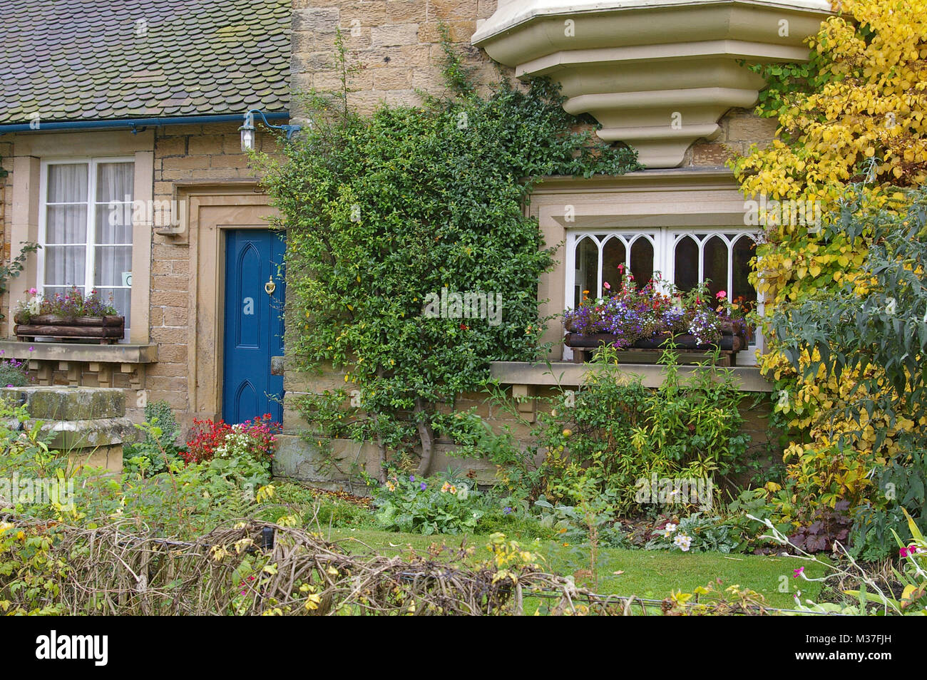 Close up of the frontage of a house in Edensor, the estate village for