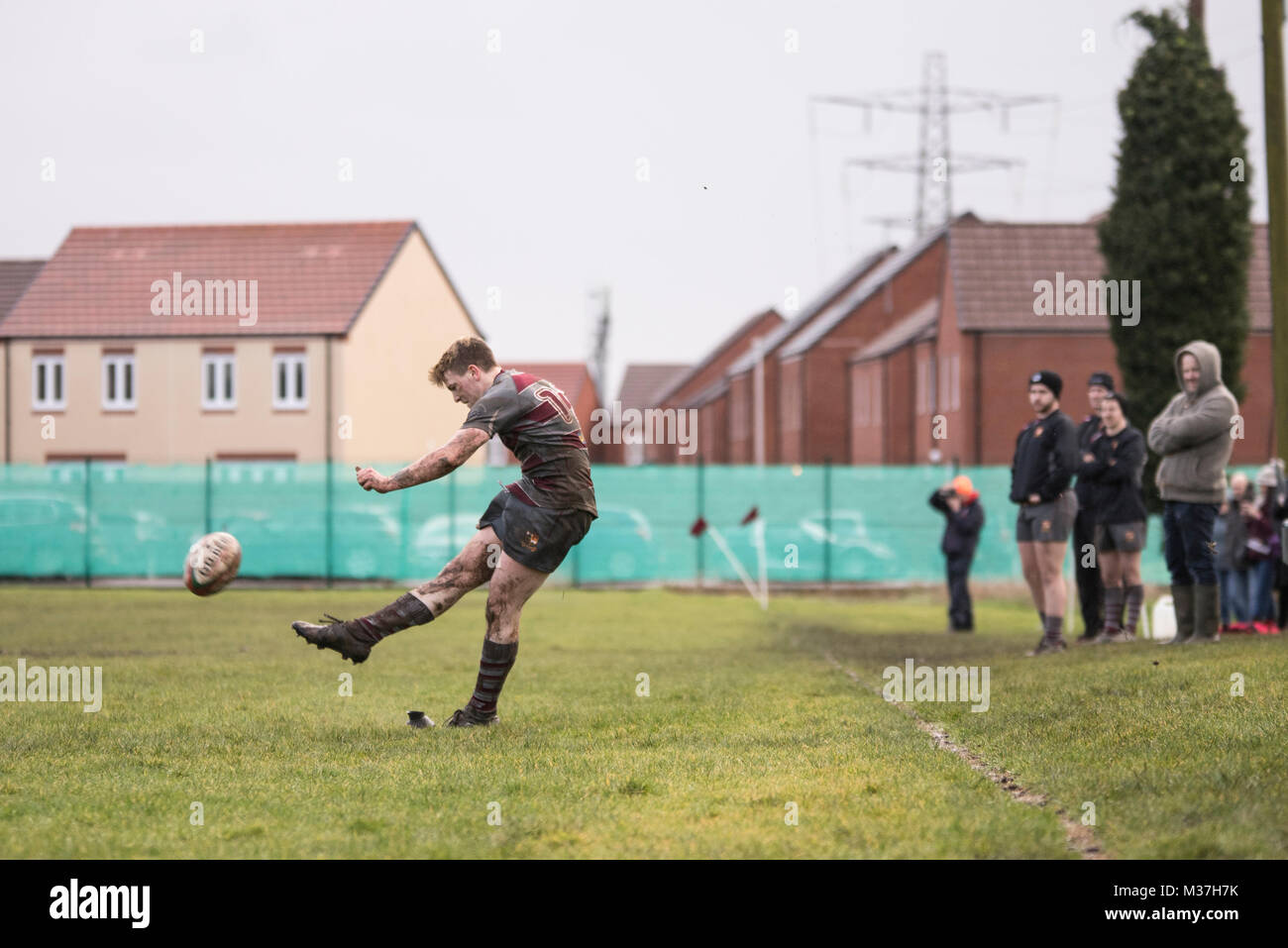 Llanelli, Camarthenshire, Wales, UK. 2oth of January 2018.  Crymych RFC playing against Llaneli wanderes in the league. Ifan Phillips converts a try f Stock Photo