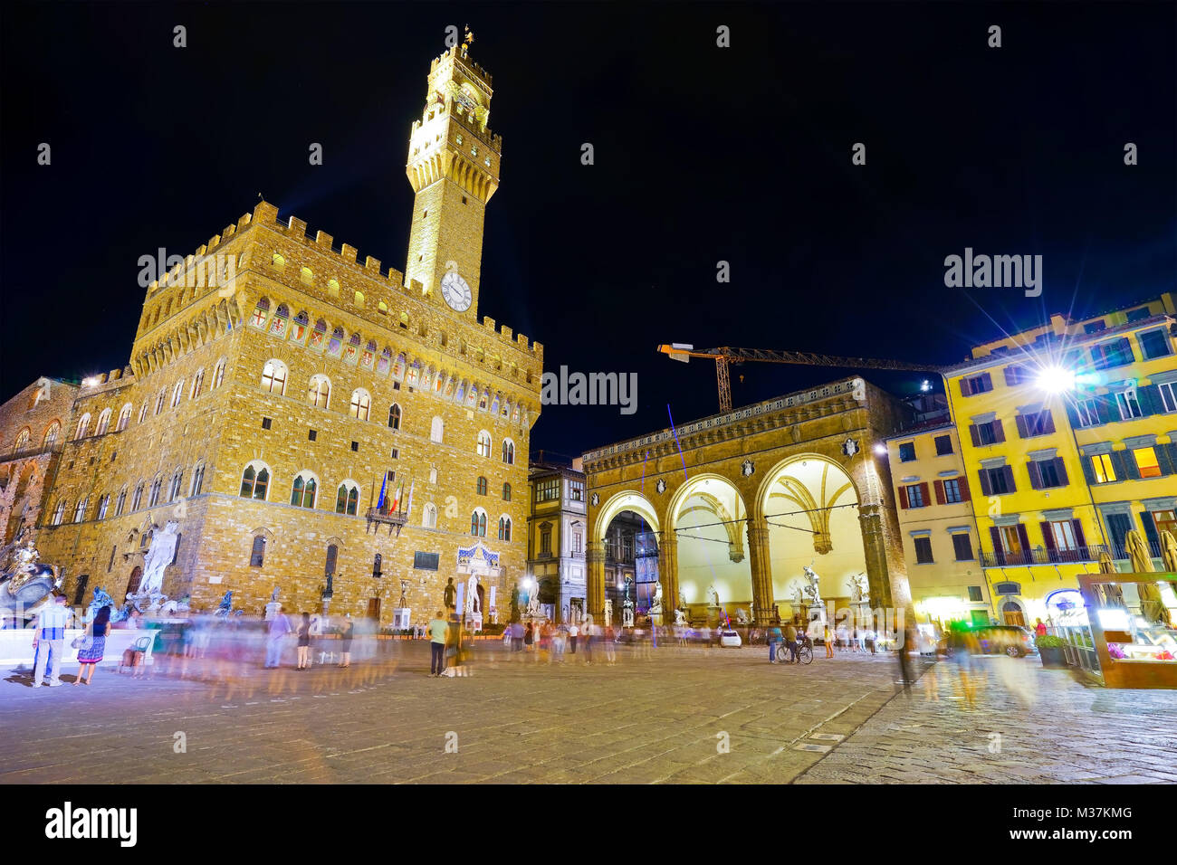 View of the Piazza della Signoria and Palazzo Vecchio in Florence at night. Stock Photo