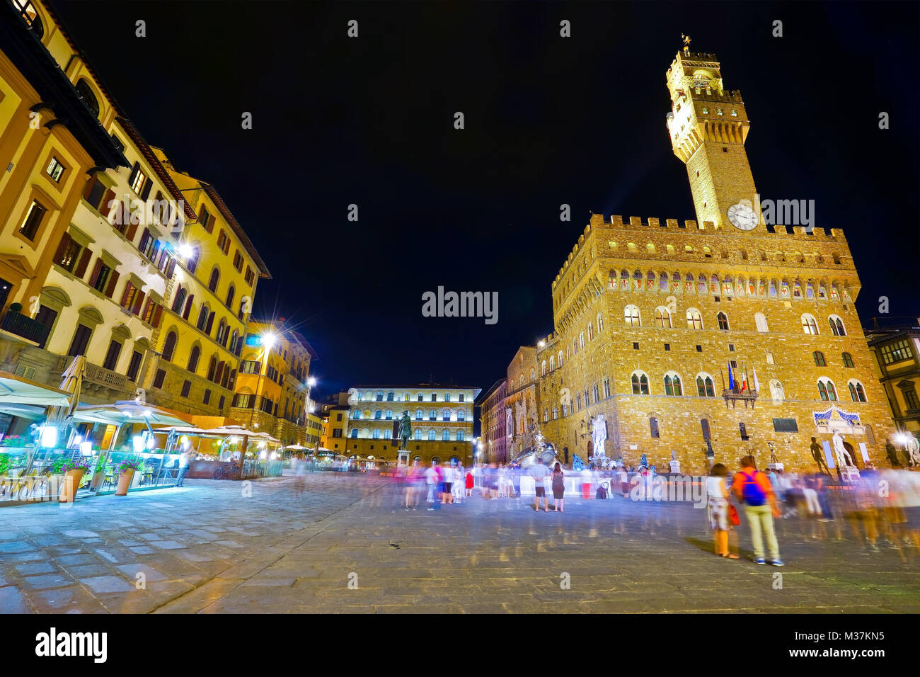 View of the Piazza della Signoria and Palazzo Vecchio in Florence at night. Stock Photo