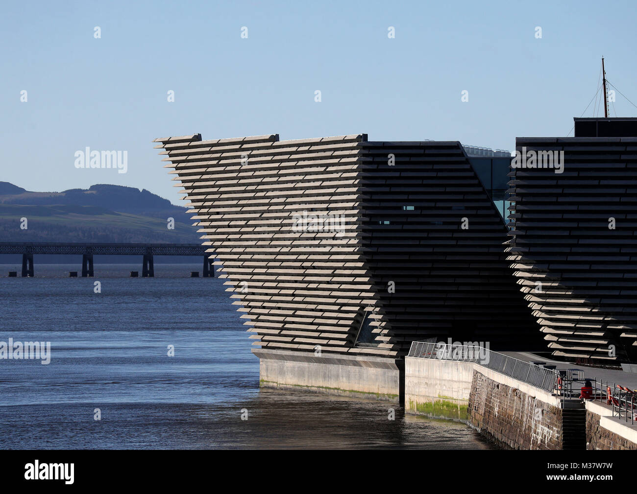 A general view of the finished exterior of the new eighty million pound V&A Dundee museum during a visit by Japanese architect Kengo Kuma(not pictured). The designer met workers as the focus moves to the interior of the V&A, fitting out gallery spaces, a cafe and a restaurant ahead of its opening in September. Stock Photo
