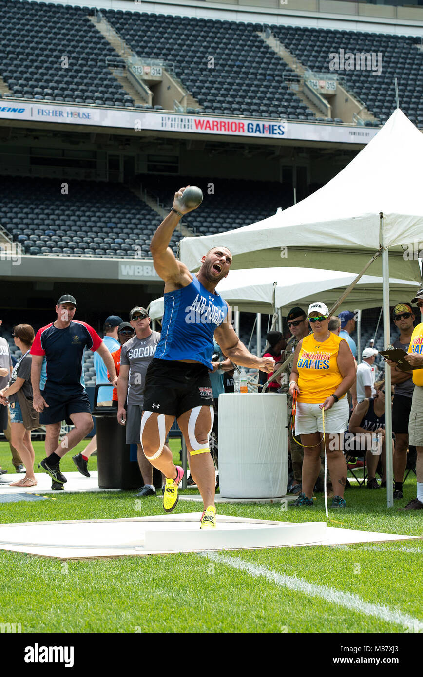 U.S. Air Force National Guard Staff Sgt. Matt Cable, a security forces  troop from Great Falls, Mont., throws a shot put during a standing shot put  event at the 2017 Warrior Games
